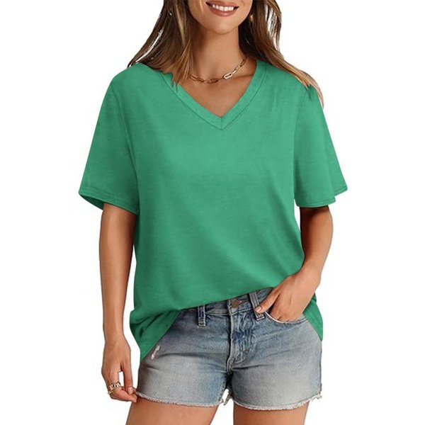 Camiseta De Mujer Verano Cuello En V Manga Corta Color SóLido Casual Holgada Top 5XL Verde-image