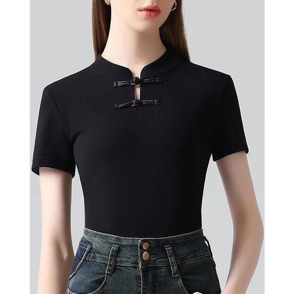 Nueva Camiseta De Manga Corta Con Cuello Mao Chino Para Mujer Para El Verano Nueva Camiseta Retro Para Mujer Con BotóN T De Estilo Chino Top Chic XL Negro-image