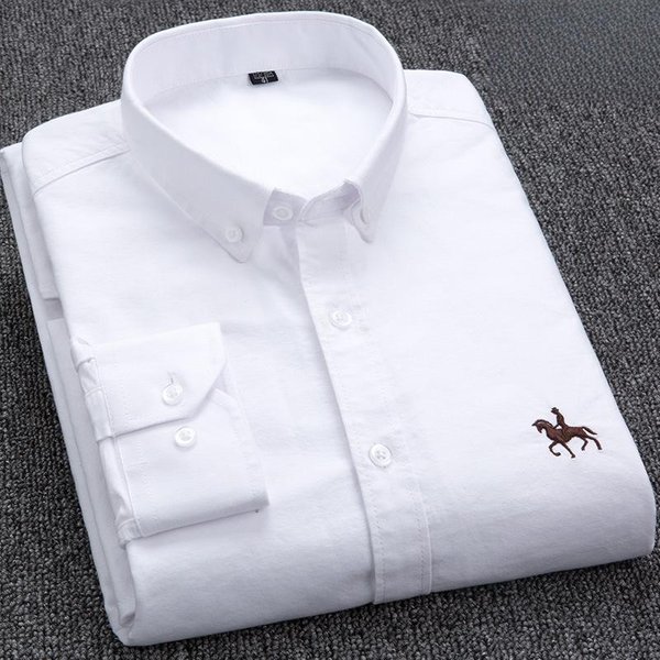Nueva Camisa De Hombre De AlgodóN Puro Color SóLido Bordada Camisa De Vestir De Manga Larga Con Botones Camisa De Tejido Oxford 100% AlgodóN Lavable M White-image