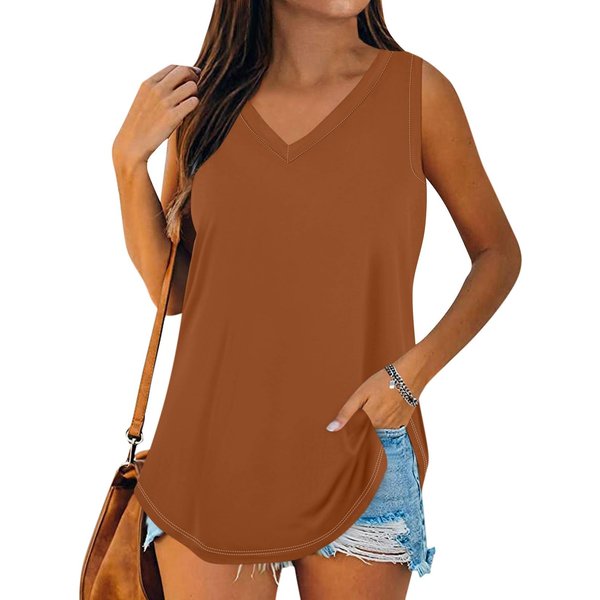 Camiseta De Verano Sin Mangas Informal De Color SóLido Con Cuello En V Para Mujer L-image