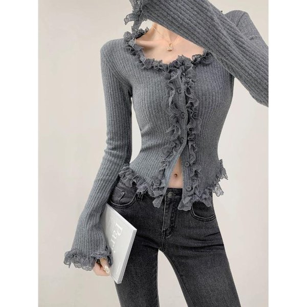 CáRdigan De Punto Estilo FrancéS OtoñO E Invierno Nuevo SuéTer De Manga Larga Ajustado Corto Tops Camisa BáSica Para Mujer One Size Gray-image