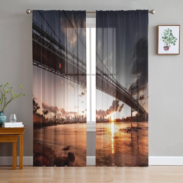 Puente Queensboro RíO Este Al Atardecer Cortinas Transparentes De Gasa Para Sala De Estar Dormitorio Cortina De Ventana Velos Tul Cortinas 135W X 114H(Cm) Black-image