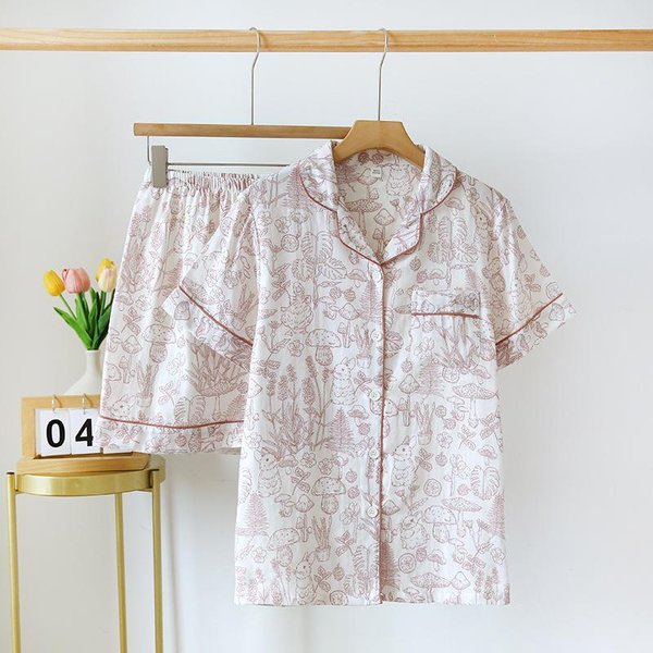 Nuevo Conjunto De Pijama De Verano 100% Gasa De AlgodóN Manga Corta Pantalones Cortos Conjunto De Dos Piezas Para Mujer Estampado Conjunto De Ropa De Casa Verano Fino Ropa De Dormir M Gray-image