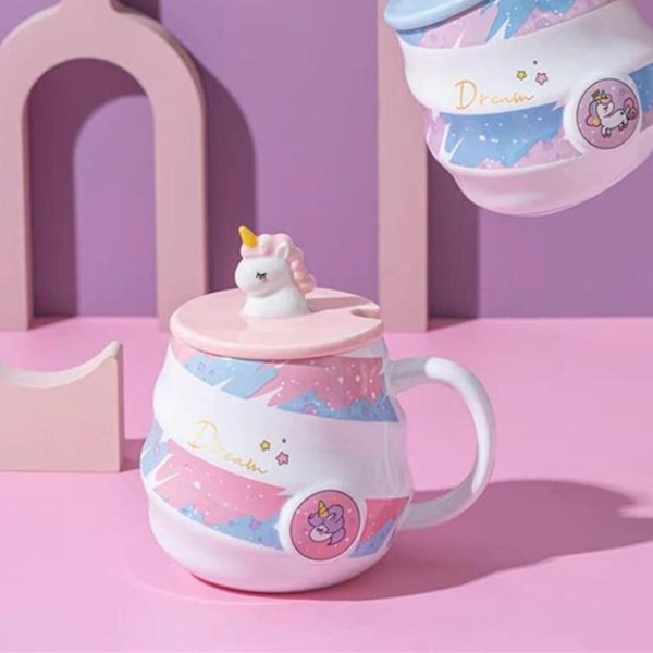 Taza De Agua De Unicornio Taza ArcoíRis Taza De Café Con Tapa Cuchara Linda NiñA Taza Para Beber Agua Para El Hogar Taza De CeráMica 401-500Ml Pink-image