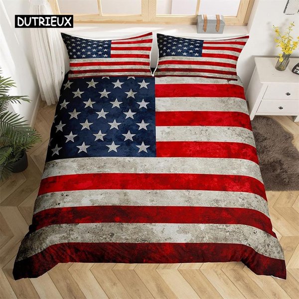 Funda NóRdica Bandera Americana Juego De Cama Bandera Retro De Ee. UU Para NiñOs NiñOs Adolescentes Hombres Estrellas Rayas Rojas Para DecoracióN De Dormitorio Mujeres Hombres EU Single(135X200Cm)-image