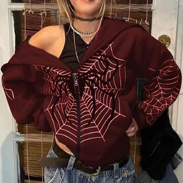 Jesienno-Zimowa Bluza Z Kapturem I Nadrukiem PajęCzej Sieci. Modna Bluza Z Kapturem I Zamkiem BłYskawicznym L-image