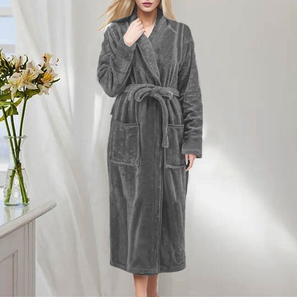 Gruby CiepłY Flanelowy Szlafrok Zimowy Z DłUgim RęKawem Pluszowy Szlafrok Kardigan Damski Polar Koszula Nocna Bielizna Nocna KąPielowa Odzież Domowa XL Gray-image