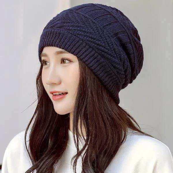Sombrero De Pila De Terciopelo CáLido Sombrero Mujer Invierno Sombrero De Punto FríO Sombrero De Lana SeñOras Sombrero De AlgodóN Sombrero Cortavientos Azul Marino-image