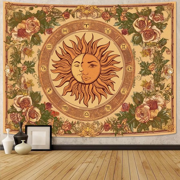 Vintage NiebiańSki SłOńCe I KsiężYc Gobelin, Ciemny Kwiatowy GwieźDzisty Dekoracja ŚCienna Do Sypialni, Salonu I Domu Studenckiego, Mistyczna Estetyka Boho 70X100Cm-image