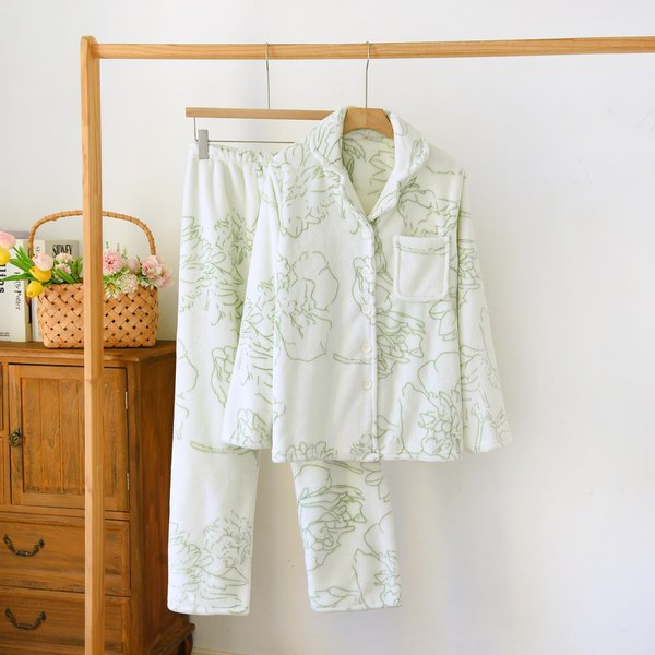 Conjunto De Pijama De 2 Piezas Estilo Chino Pijama Retro Con Botones Para Mujer Franela Ropa Para El Hogar Casual Sencillo Terciopelo Coral Ropa Para El Hogar XL Beige-image