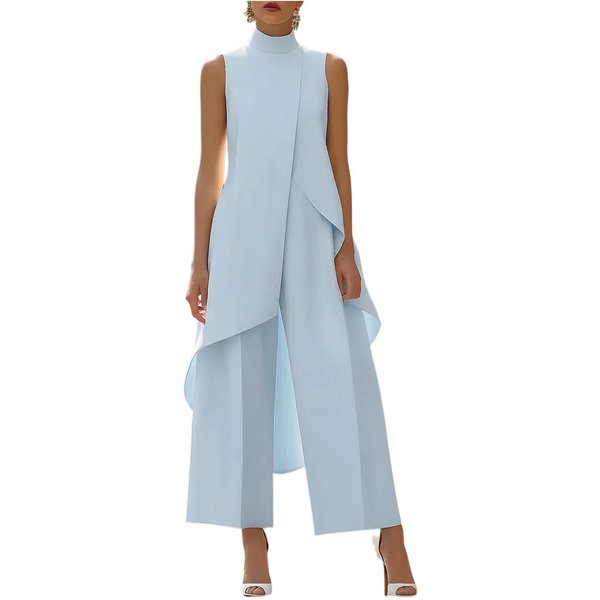 Conjunto De Dos Piezas Para Mujer: Top Sin Mangas De Cuello Alto En Capas Con Dobladillo AsiméTrico Y Pantalones De Pierna Ancha Para Oficina Y Casual S-image