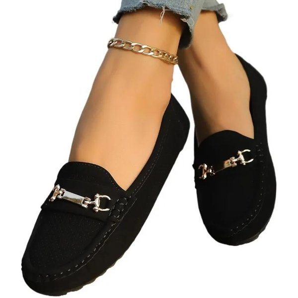 Buty Damskie Mokasyny Damskie PłAskie Plus Size Casualowe PłAskie Buty Damskie Metalowe Zdobienia OkrąGłY Nosek Wsuwane Buty Z MięKką Podeszwą Damskie 41 Czarny-image