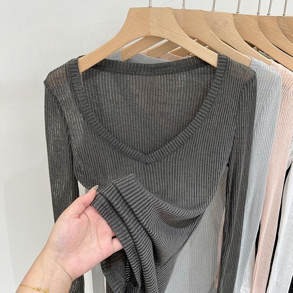 Camiseta De Punto Con Cuello En V Para Mujer En Primavera Y OtoñO Nuevo Estilo Para Camiseta Interior De Mujer Con DiseñO De Textura De Rayas En Las Axilas Top Ajustado XL Gris-image