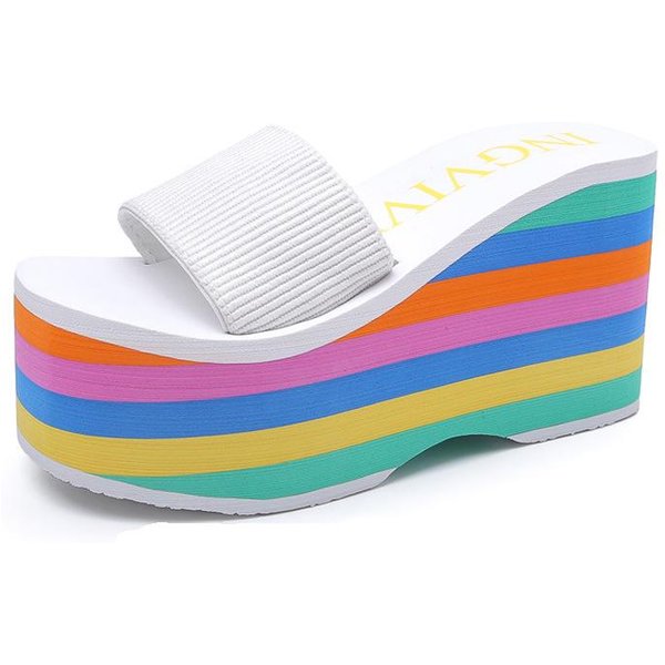 Damskie Klapki PlażOwe SandałY Na Koturnie Wysokie 9Cm Obcasy Casualowe Peep Toe Platformy Kapcie TęCzowe Letnie Damskie Kapcie 37-image