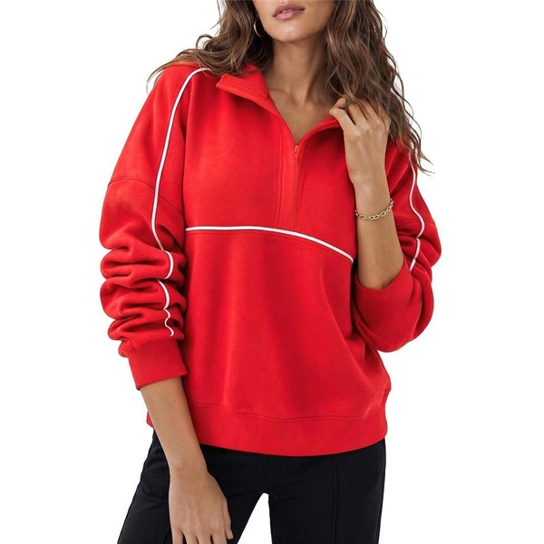 Sudadera De Mujer Con Media Cremallera Y Cuello Alto, Ribetes En Contraste, Corte Holgado, Hombros CaíDos, Manga Larga, Top Informal Pullover XL Rojo-image