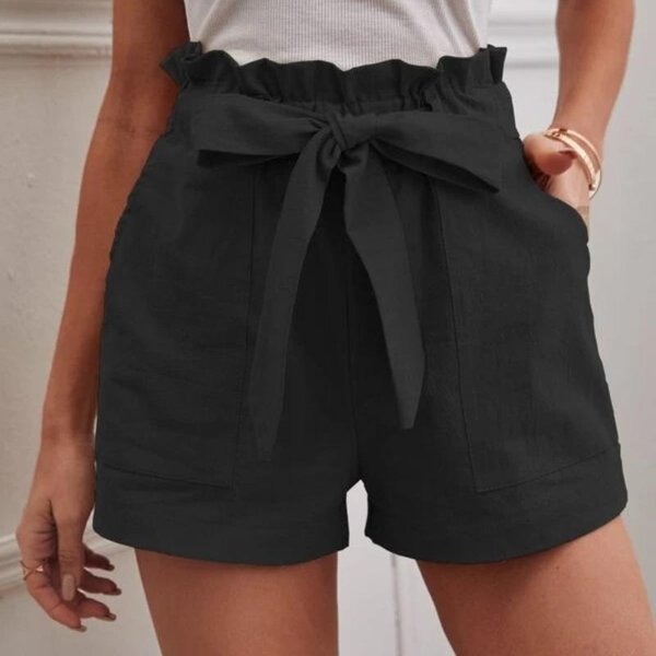 Verano Holgados AlgodóN Lino Casual Pantalones Cortos Mujer Con Bolsillos Moda Tallas Grandes Pierna Ancha Pantalones Cortos Cintura Alta Volantes Vintage Femenino Pantalones Cortos 24650 S Negro-image