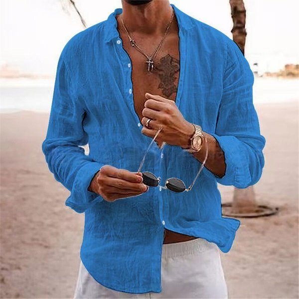 Nueva Camisa De Manga Larga Para Hombre De Mezcla De AlgodóN Y Lino Camisa De Color Liso Con Solapa Estilo Casual L Azul Royal-image