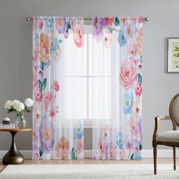 Akwarela Kwiatowy Sheer Voile ZasłOna Do Salonu Jadalnia Sypialnia ZasłOna Okno Kuchenne Przezroczysta Szyfonowa Tiulowa ZasłOna 1 PCS W100Xh250Cm&Grommet Top White-image