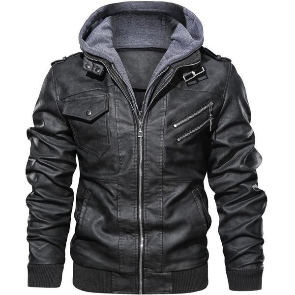 Chaqueta De Cuero Con Capucha Para Hombre 2907 Tendencia Casual Europea Y Americana Chaqueta De Motocicleta Sombrero Desmontable Chaqueta De Cuero Para Hombre XL Negro-image