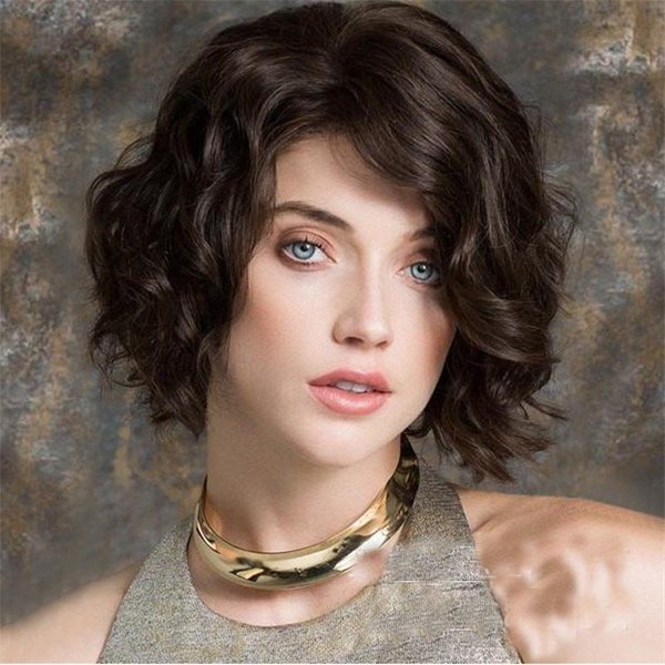 Syntetyczna Elegancka KróTka KręCona WłOsy BrąZowa Peruka Bob Z PrzedziałKiem Z Boku Dla Kobiet Naturalna Puszysta Do Codziennego UżYtku Cosplay Party-image