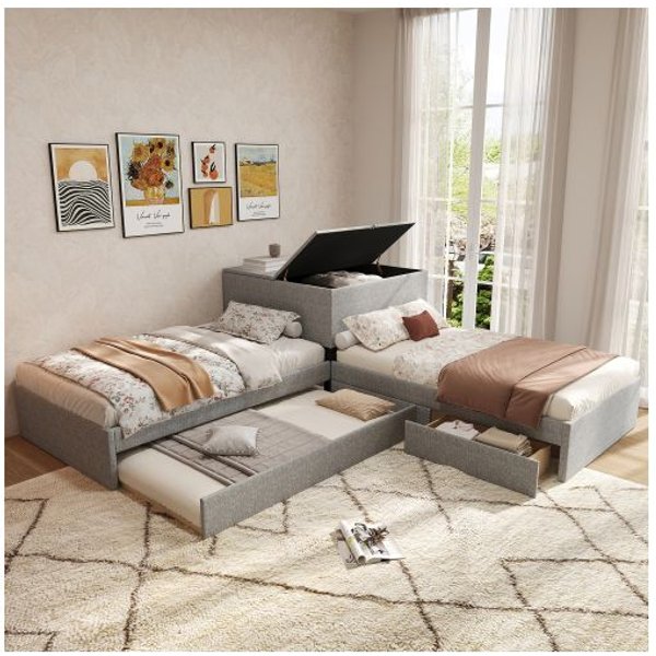 Cama De Esquina, Dos Camas Individuales Con Cajones De Almacenamiento, Con Cama Nido, 90X200 Cm, Sin ColchóN, Lino, Gris-image
