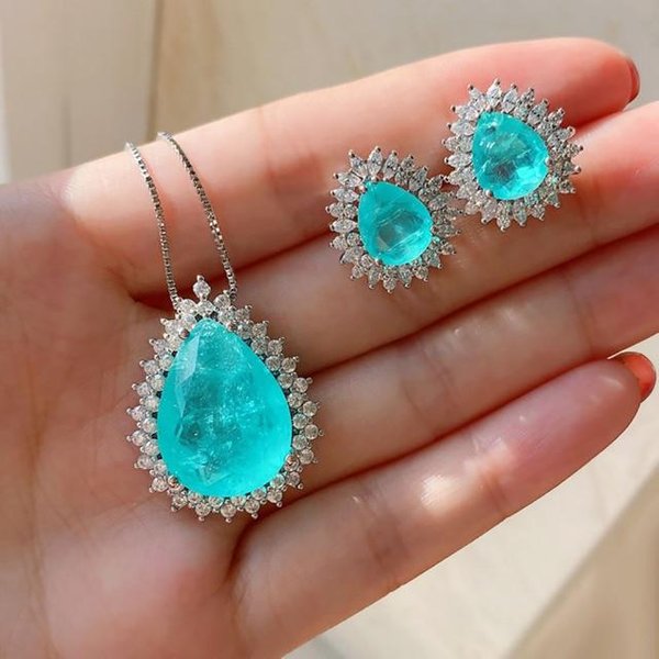 Romantyczny Srebro 925 Sterling Silver Paraiba Turmalin Kamień Szmaragdowy Naszyjnik Lab Cyrkon łAńCuszek Damska Wysoka BiżUteria Prezent 45Cm Blue-image