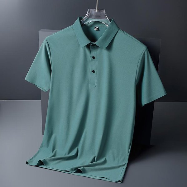 Camisa Polo De Seda Helada Para Hombre De Negocios Casual De Verano Sin Costuras Alta Elasticidad Sin Planchado Fina De Manga Corta Con Cuello Camisero Manga Corta L Verde Mar-image