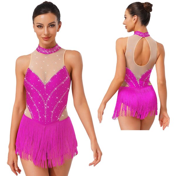 Leotardo De Gimnasia RíTmica Patinaje ArtíStico Ballet Disfraz Flecos Borla Cintura Brillante Body Baile Tango Chacha L De Rosa Caliente-image