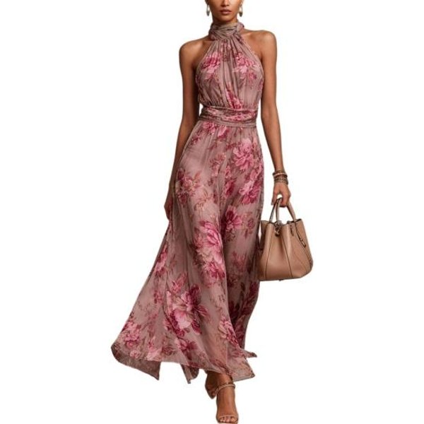 Vestido Largo De Gasa Floral xiaobudian Para Mujer, Con Cuello Halter Sin Mangas Fruncido, Cuello De Cisne Para Invitada A Boda, CóCtel, Noche XXL Color Rosa-image