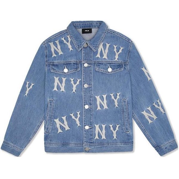 MLB SS24 New York Yankees Logo Bordado Chaqueta De Mezclilla De Manga Larga De Un Solo BotóN Chaquetas Unisex Azul Claro 3ADKB0141-50BLL S Gray-image