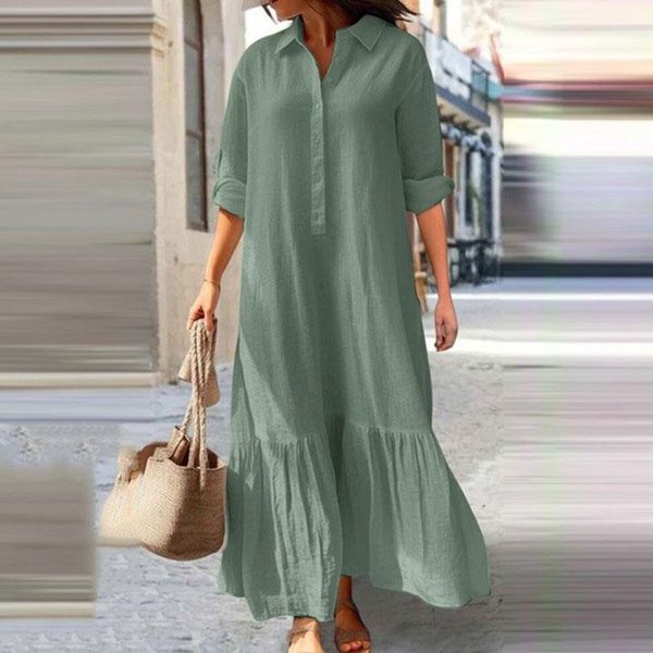 Letnia BawełNiana Lniana Damska Sukienka Czarna LuźNa Z DłUgim RęKawem Sukienki Koszulowe Damskie Letnie Swobodne Oversize Eleganckie Ubrania Damskie Xxl Ciemno Zielony Kolor-image
