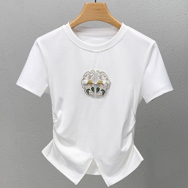 Camiseta De Manga Corta Para Mujer Nueva De Verano Ropa De Mujer Color Liso Camiseta Con Cuello De JardíN Nuevo Top Chino Bordado Con Abertura En La Cintura XL Blanco-image