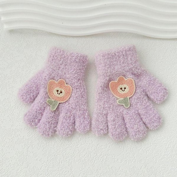 Guantes Lindos Dibujos Animados Guantes Completos Mitones Calientes OtoñO Color SóLido Mitones De Punto Esponjosos Espesar Lazo Guantes Para Exteriores PúRpura-image