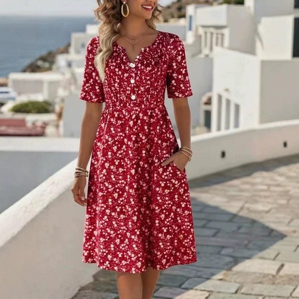 Vestido Midi Floral Para Mujer Con Cuello En V Y Manga Corta XL-image