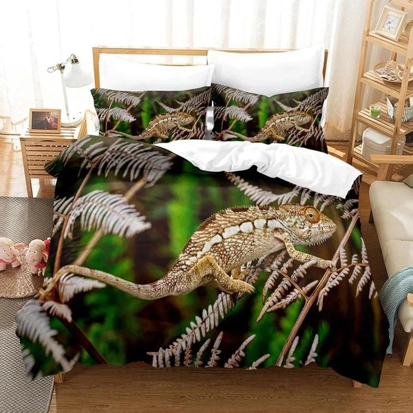 Juegos De Cama 3D El CamaleóN Juego De Funda NóRdica Con Funda De Almohada Individual Completo Queen King Ropa De Cama Ropa De Cama 155X215Cm 3Pcs-image