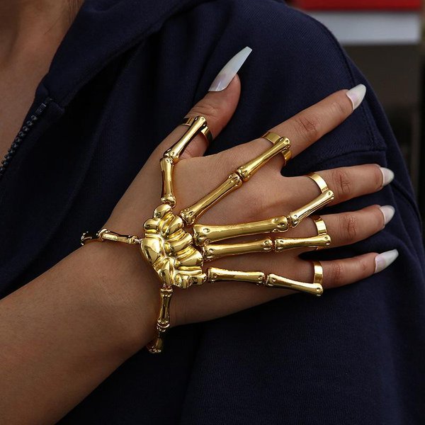 Pulsera De Dedos De Calavera De Esqueleto De Metal Exagerado - JoyeríA De Halloween Oro-image