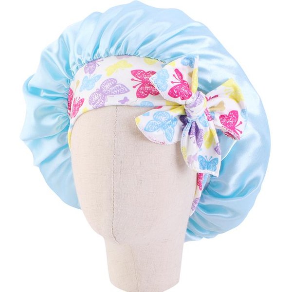 Elastyczny DziecięCy Jedwabisty Satynowy Czepek Do Spania Nocny Czepek Baotou Urocza Kokarda PielęGnacja WłOsóW Nocny Czepek Turban (Light Cyan,One Size)-image