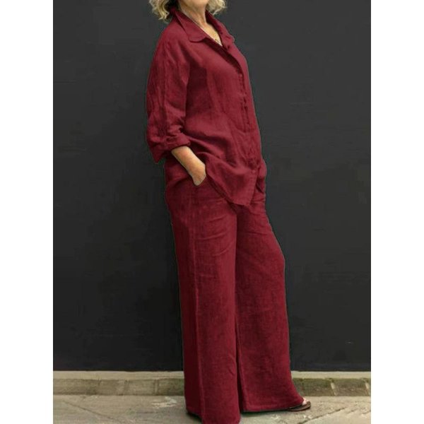 Lniany Zestaw DwuczęśCiowy Z Klapami Jesień Vintage Jednolity Kolor DłUgi RęKaw Koszula Zapinana Na Guziki Bluzka Kobiety Casual LuźNy Prosty Garnitur Spodnie Xxxl-image