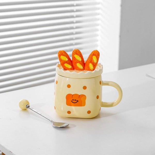 JapońSki Kreatywny Ceramiczny Kubek Torba Na Chleb Kubek Dla Pary Kubek Na Wodę Z Pokrywką I ŁYżEczką Kubek Do Kawy Kubek ŚNiadaniowy Do Mleka 420Ml White-image