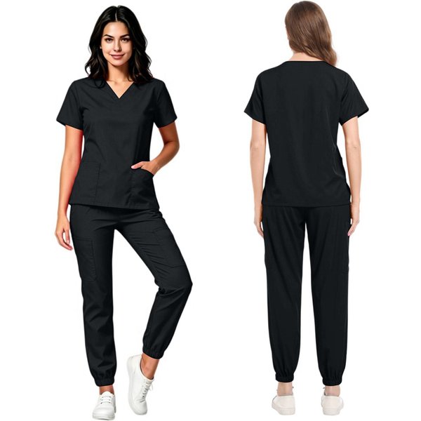 Conjunto De Uniforme MéDico Para Mujer Con Cuello En V Y Bolsillos, Top De Manga Corta Y Pantalones De Secado RáPido En Color Para Uniforme De Trabajo XL Negro-image
