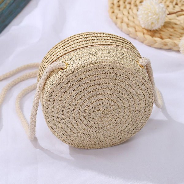 Bolso De Hombro Redondo De Paja Tejido A Mano Bolso Cruzado Bolso De Paja Para Playa Infantil Cartera Sobre Para NiñAs-image