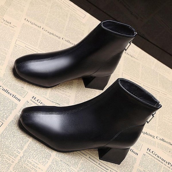 Botines De TacóN Grueso Para Mujer Tendencia OtoñO E Invierno Botas De TacóN Alto Combinables CañA Corta Zapatos De CañA Alta Punta Cuadrada Botas Con Forro Polar 35-image