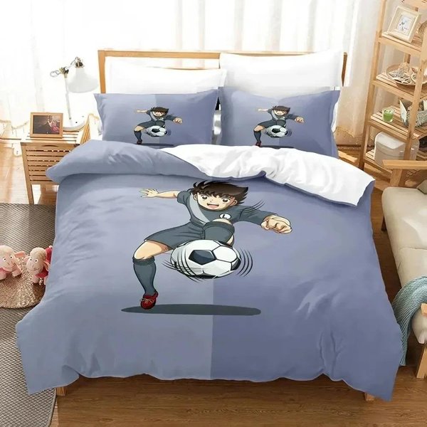 Anime Captain Tsubasa Juego De Cama NiñOs NiñAs TamañO Individual TamañO Queen Funda De Cama Funda De Almohada Cama NiñOs Adulto Moda Uso DoméStico Textiles EU Single 135X200Cm Gray-image