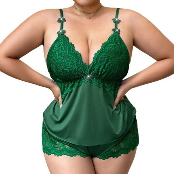 Damski Zestaw PiżAmowy Plus Size Seksowny Top Na RamiąCzkach Bez RęKawóW Z Koronkowym WykońCzeniem I Szorty Zestaw Nocny DwuczęśCiowy Koszulka Na RamiąCzkach Ubranie Domowe PiżAmy Zestaw L-image