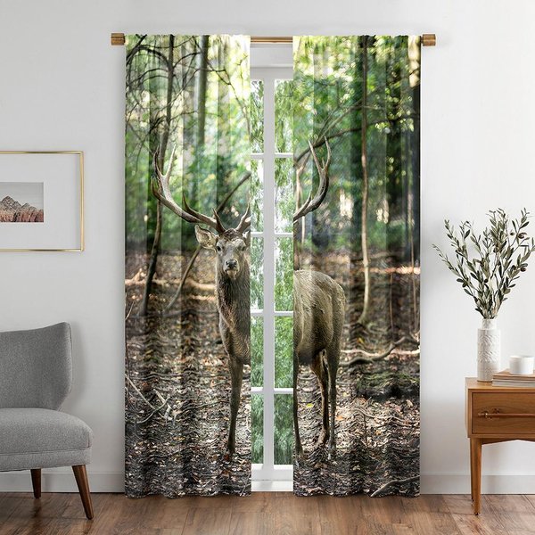 Cortinas De Ventana Coloridas Verdes Con Animales De Ciervo Y Plantas Para HabitacióN Infantil Sala De Estar Pasillo Tratamientos DecoracióN De Cocina Cortinas Persianas W50 X H130(Cm)X2&Grommet Top-image