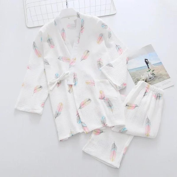 Pijama De Mujer Para Primavera Y Verano Conjunto De Dos Piezas PantalóN De Manga Tres Cuartos AlgodóN Puro Crepé Encaje Conjunto De Ropa Para El Hogar XL White-image