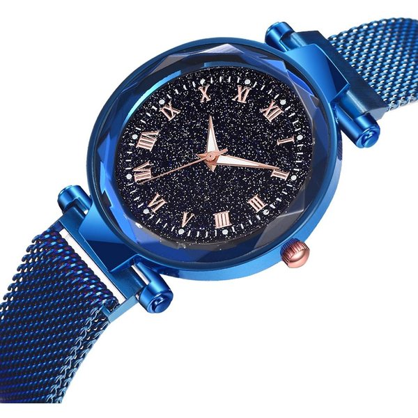 Reloj De Pulsera De Moda Para Mujer Con Esfera Redonda, NúMeros Romanos, Cuarzo, AleacióN, Malla(Azul)-image