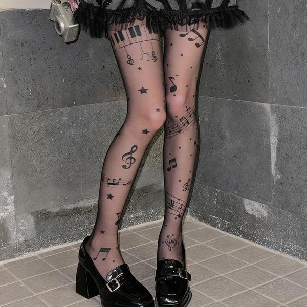 Nuevas Medias Negras Con Estampado De Notas Musicales Para Mujer Club Nocturno sexy Malla Transparente Pantimedias SíMbolo Medias Lolita Y2K Medias De Seda LenceríA M Gray-image