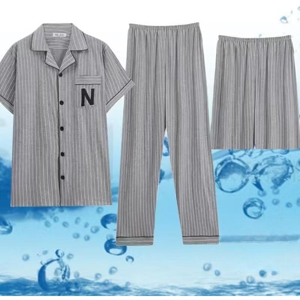 Pijamas Para Hombre, Ropa De Casa, Tres Piezas, AlgodóN, Primavera Y Verano, Manga Corta, Pantalones Cortos, Pijamas Ligeros, Conjunto De Ropa De Casa. L Gray-image