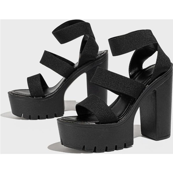 Liyke Estilo Punk Tacones Altos Gruesos Sandalias De Plataforma Mujer Punta Abierta Slip On Correa EláStica Al Tobillo Zapatos De Verano Femeninos Zapatos Mujer 41 Negro-image